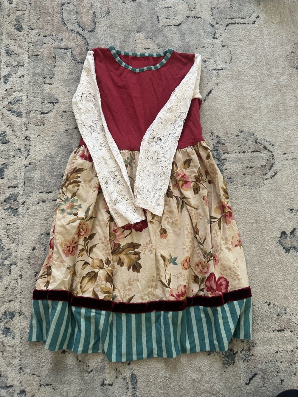 Persnickety Burgundy and Cream Floral Lace-Sleeve Dress with Teal Stripe Hem